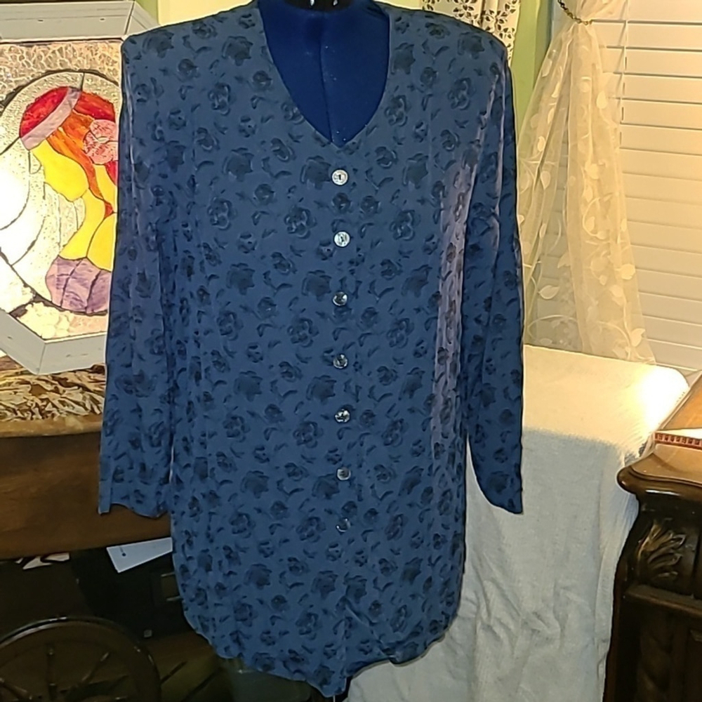 SL Fashion vintage button up tunic style blouse/ shoulder pads blue. Sz. 14.#588